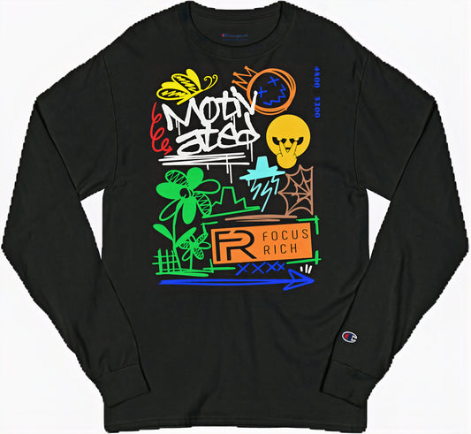Black long sleeve tee from Champion x Focus Rich “Motivated” collection with symbols of focus, growth, and transformation