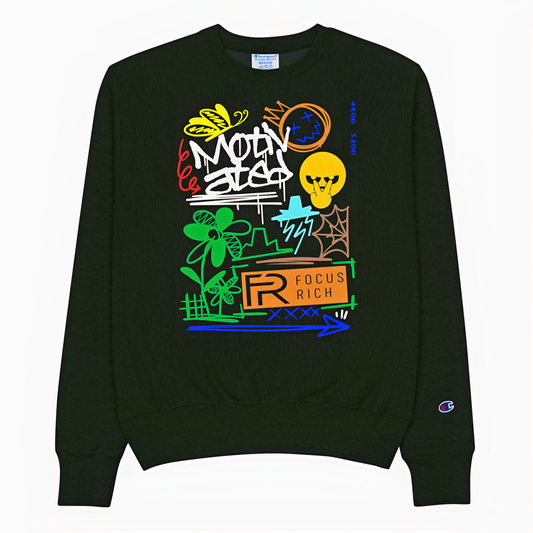 Black Champion x Focus Rich Clothing Motivated sweatshirt with symbolic streetwear graphics and inspirational message