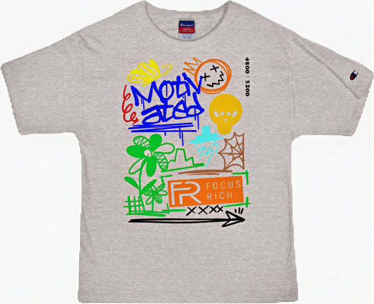 Gray Motivated t-shirt by Champion x Focus Rich  Clothing with bold symbols of motivation, transformation, and personal growth