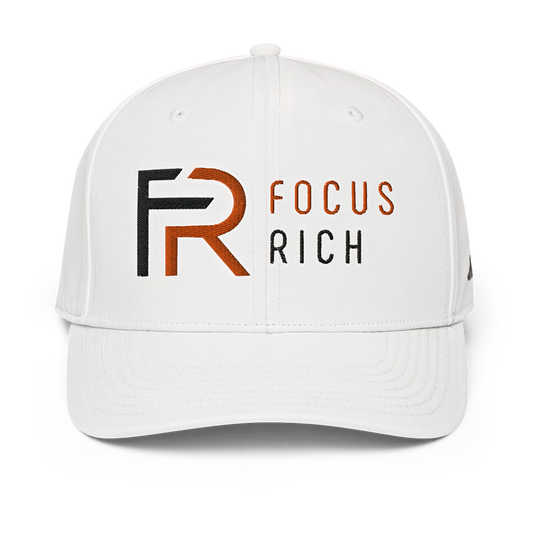 White Adidas x Focus Rich Clothing snapback hat from California Resort collection with logos and black snap closure