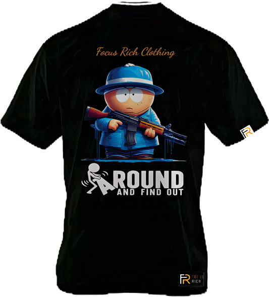Black Cartman FAFO t-shirt from South Park x Focus Rich Clothing collab with gun graphic and oversized streetwear fit