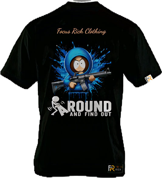Focus Rich x South Park Kenny FAFO t-shirt in black with bold gun graphic and oversized streetwear fit