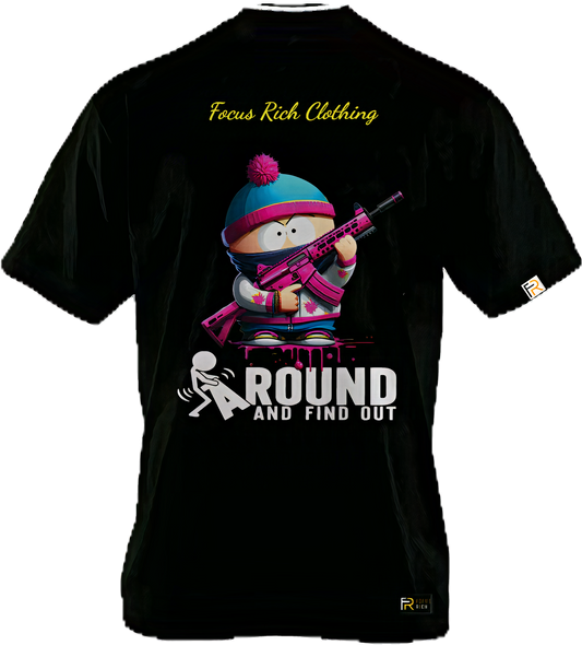 Black South Park x Focus Rich Clothing FAFO Stan t-shirt featuring bold gun graphic and FAFO lettering in oversized streetwear fit